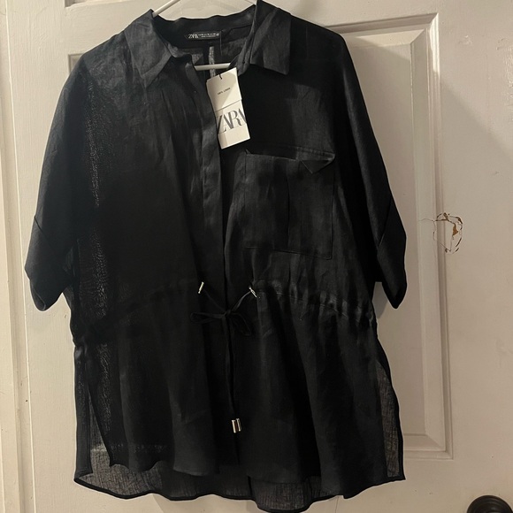 Zara Tops - Zara Black Sheer Top with Drawstring